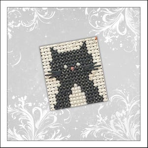 May include: A square cross-stitch embroidery piece on light beige fabric featuring a black cat with a white chest patch, small white eyes, and a tiny pink nose, accented by black thread whiskers extending from the sides of the cat's face.
