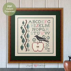 Winterkraai en appel-kruissteekpatroon pdf Instant download Happiness Is HeartMade alfabet sampler Merel kruissteek