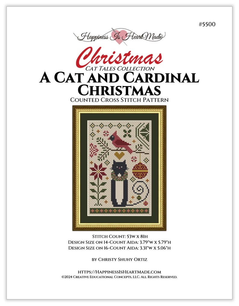 May include: A counted cross stitch pattern titled A Cat and Cardinal Christmas by Christy Shuhy Ortiz, #5500. The design features a black cat, a red cardinal, and holiday motifs. Design size on 14-count Aida is 9.63 cm by 14.71 cm.