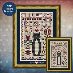 Patrón de punto de cruz de gato esmoquin en PDF, descarga instantánea. Colección Cuentos de gatos de julio. La felicidad está hecha de corazón. Calendario mensual de corazones con banderas patrióticas.