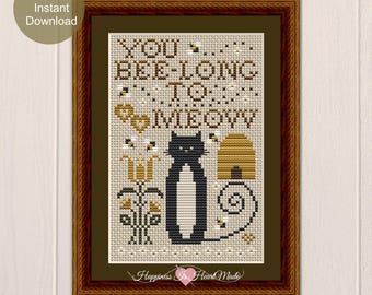 Tuxedo Black Cat Cross Stitch Pattern PDF Instant Download Cat Tales Collection Happiness Is HeartMade Cute You Bee-long To Meow Bees