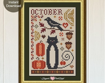 Tuxedo Cat Cross Stitch Pattern PDF Instant Download October Cat Tales Collection Happiness Is HeartMade Fall Pumpkins Monthly Calendar