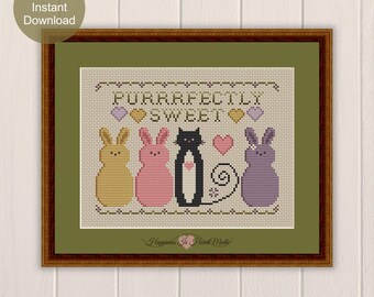 Tuxedo Black Cat Cross Stitch Pattern PDF Download Spring Cat Purrrfectly Sweet Bunnies Cat Tales Collection Happiness Is HeartMade Easter