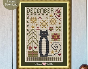 Tuxedo Black Cat Cross Stitch Pattern PDF Instant Download December Cat Tales Collection Happiness Is HeartMade Winter Christmas Monthly