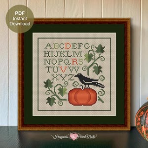 Herbstkrähe und Kürbis Kreuzstichmuster PDF Sofortiger Download Happiness Is HeartMade Alphabet Sampler