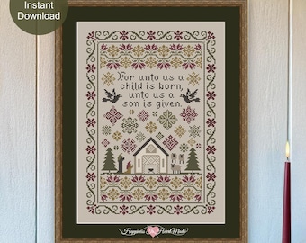 May include: A cross-stitch pattern featuring the text For unto us a child is born, unto us a son is given. The design includes a central manger scene, stylised trees, birds, and geometric floral motifs in shades of maroon, gold, and green.