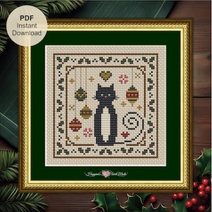 Christmas Tuxedo Cat Cross Stitch Pattern PDF Instant Download Cat Tales Collection Happiness Is HeartMade Cat with Holly and Ornaments