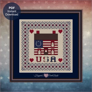 Patriotic Home Cabin Cross Stitch Pattern PDF Instant Download Happiness Is HeartMade Red White Blue, USA, Hearts, July