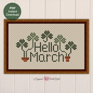 Easy Hello March Cross Stitch Pattern PDF Instant Download Cute Shamrocks Spring St. Patrick&#39;s Day Small Counted Cross Stitch