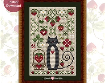 Tuxedo Black Cat Cross Stitch Pattern PDF Instant Download Cat Tales Collection Spring Summer Strawberry Happiness Is HeartMade Strawberries