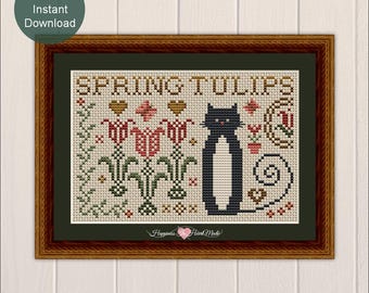 Tuxedo Black Cat Cross Stitch Pattern PDF Instant Download Cat Tales Collection Spring Tulip Cat Cross Stitch Pattern Happiness Is HeartMade