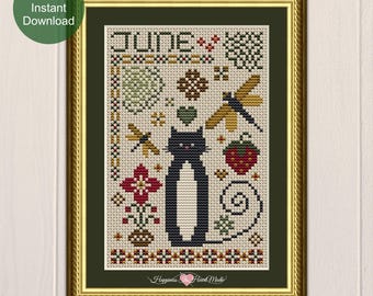 Tuxedo Black Cat Cross Stitch Pattern PDF Instant Download June Cat Tales Collection Happiness Is HeartMade June Monthly Cat Cross Stitch