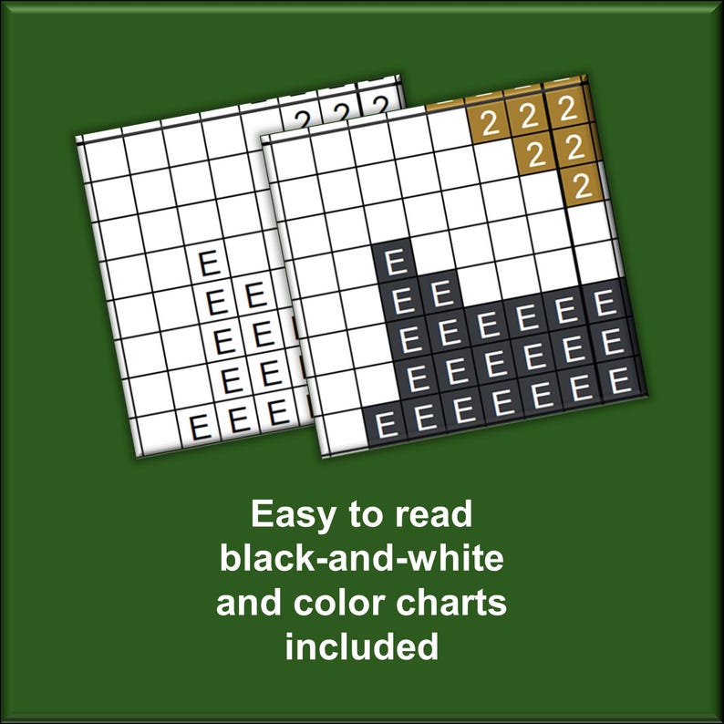 May include: Two square grid patterns for needlework projects. One grid features white squares with the letter E in black. The other grid includes white squares with the letter E in black, and brown squares with the number 2. Text reads: Easy to read black-and-white and colour charts included.