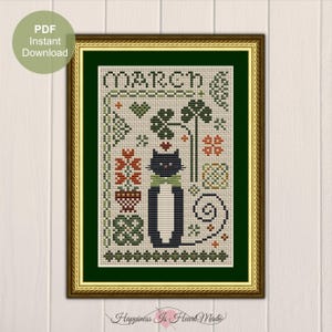 Tuxedo Cat Cross Stitch Pattern PDF Download March Cat Tales Collection Happiness Is HeartMade St. Patrick&#39;s Day Celtic Monthly Calendar Cat