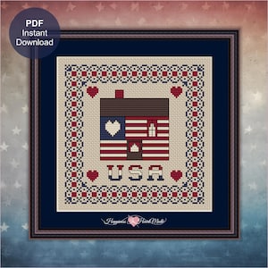 Patriotic At Heart Cabin Cross Stitch Pattern PDF Instant Download Happiness Is HeartMade Red White Blue, USA, Hearts, July