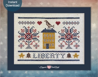Patriotic Cross Stitch Pattern Liberty House Sampler PDF Instant Download Happiness Is HeartMade USA, Hearts, July, 250th Anniversary