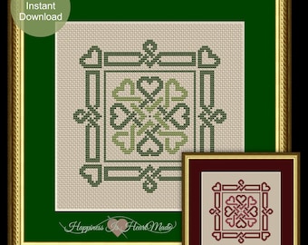 Peut inclure: Un modèle de point de croix présentant un motif central de quatre cœurs entrelacés entouré d'une bordure rectangulaire de motifs géométriques en forme de cœur. Le design est présenté en deux variantes de couleurs : vert et rouge foncé.