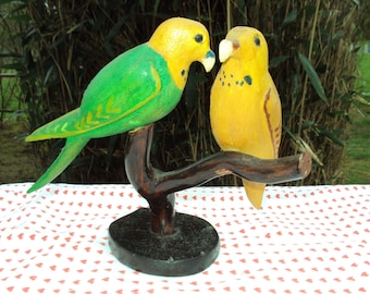 Couple of parakeets handcrafted from wood, it is a unique French product.