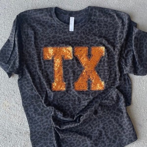 State sequin shirt, ANY STATE, Adult, Youth, Toddler, Black Leopard t shirt, Texas shirt, TX shirt, glitter, Sparkle, Texas shirt