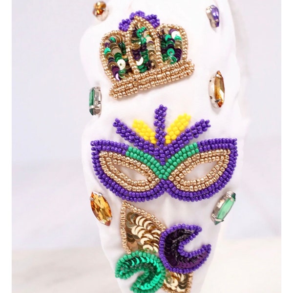 Mardi Gras headband, Fat Tuesday headband, Crown Mask Fleur de Lis, knot, bead headband, Mardi Gras party, Mardi Gras accessory