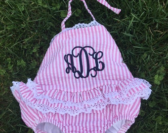 Monogram Seersucker Girls bathing suit, baby girl, Embroidered bathing suit, Bikini, One piece, ruffle bathing suit, Gingham, personalized