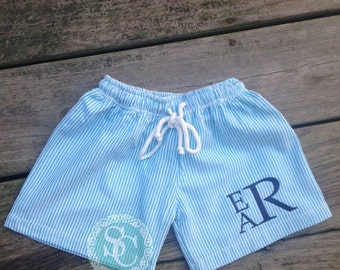 Boys seersucker swimming trunks, Monogram Swim Trunks, Blue Seersucker, Green Seersucker, Toddler swim trunks, infant swim, personalized