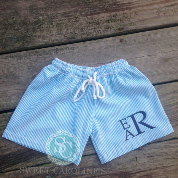 Boys seersucker swimming trunks, Monogram Swim Trunks, Blue Seersucker, Green Seersucker, Toddler swim trunks, infant swim, personalized