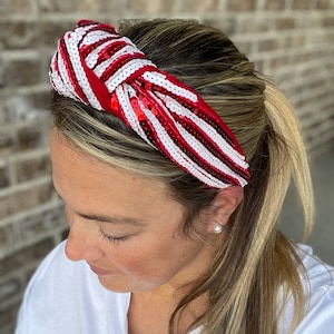 Red and white sequin headband, Christmas headband, Seed Bead, red knotted, preppy headband, trendy headband, gameday, Cardinals,