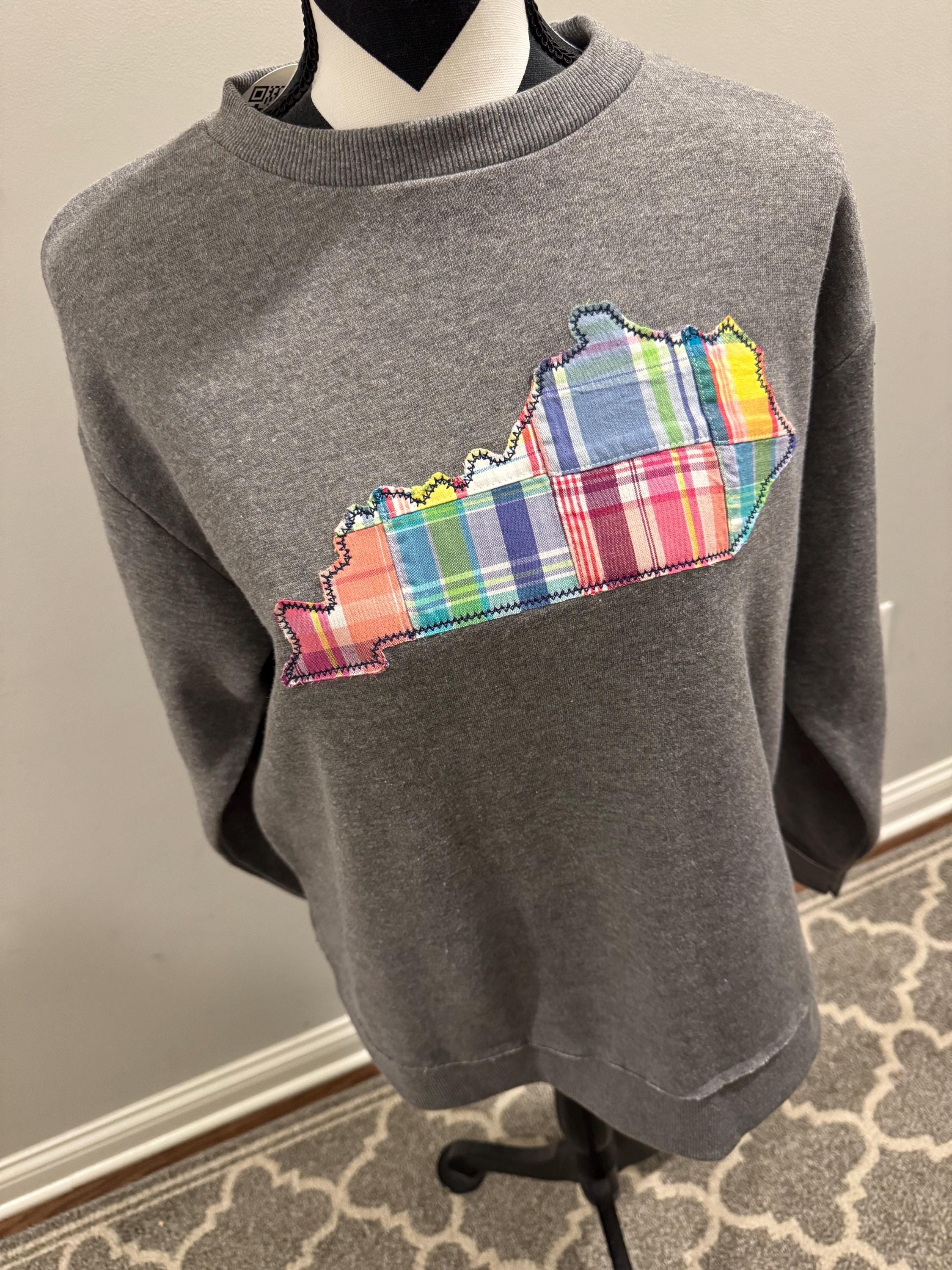 Patchwork Plaid state sweatshirt, ANY STATE, State crewneck sweater, State Outline Sweatshirt, Rounded hem sweatshirt, Madras plaid,tunic