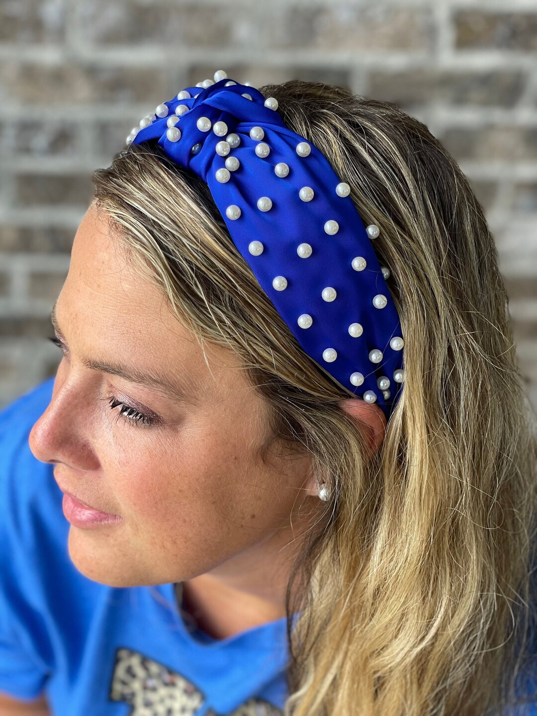 Blue Pearl Headband Satin Headband Royal Blue Knotted Etsy
