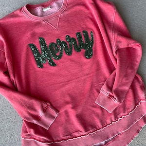 Merry Sweatshirt- Merry Christmas, Sequin, Womens, Applique, Christmas shirt, Christmas sweatshirt, Sparkle, Round hem sweatshirt, Cozy