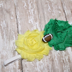 Green and Yellow Football Headband, girls headband, newborn headband, Gameday baby gear, Shabby Flower headband