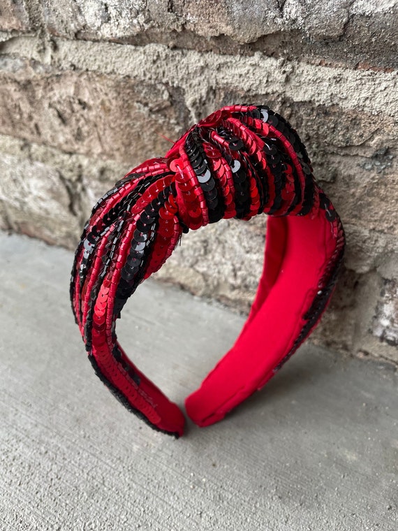 Red and Black Sequin Headband Seed Bead Red Knotted Preppy 