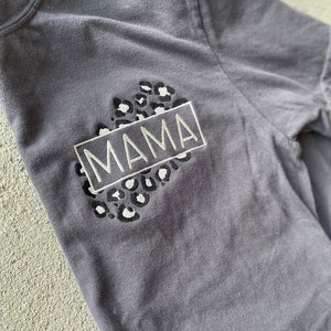 Embroidered Mama Shirt, Leopard Mama Shirt, Mother&#39;s Day Shirt, Mother&#39;s Day Gift, Mom Shirt, Grey Leopard Mom Tee, Comfort Colors, pocket