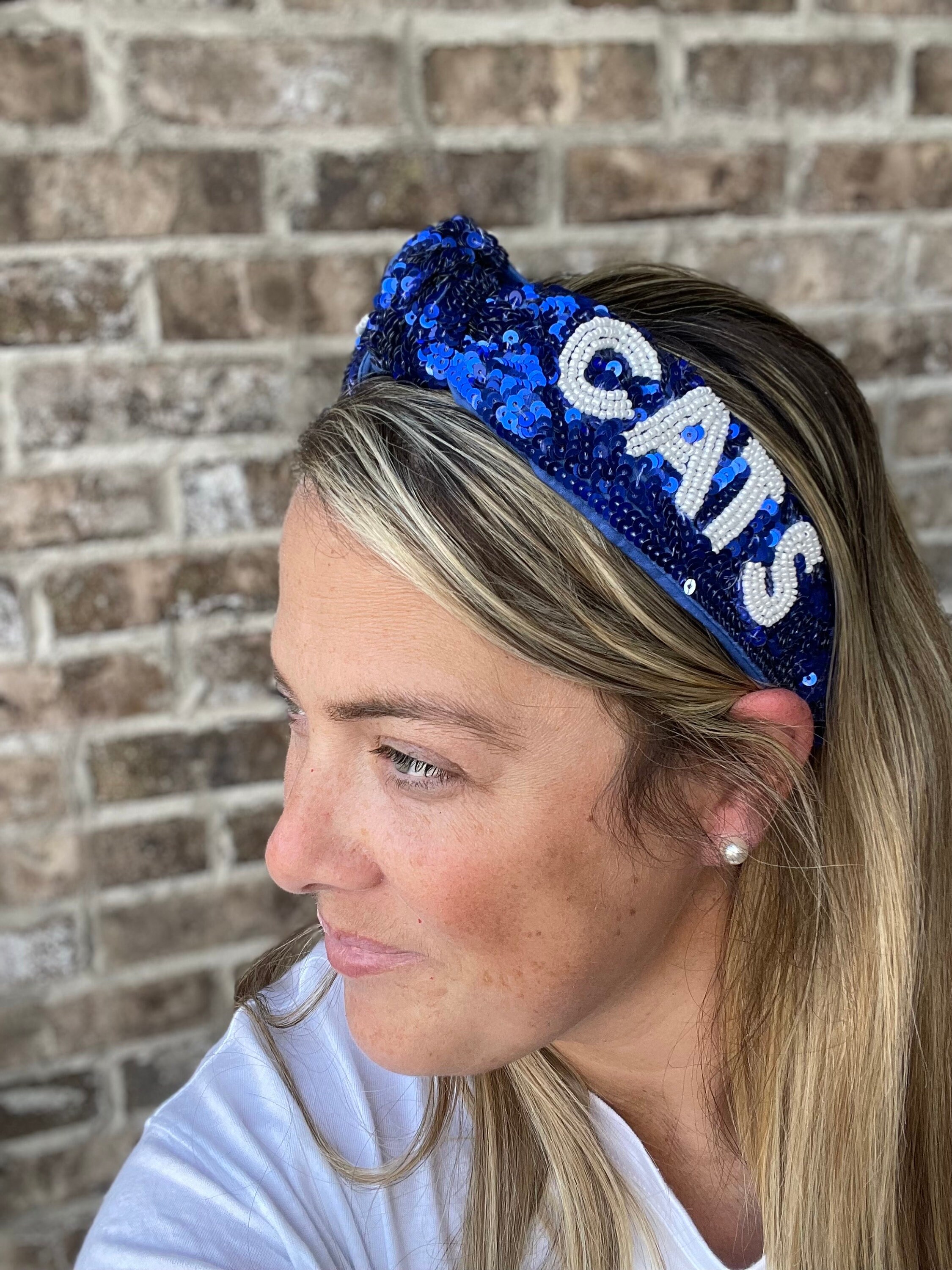 Blue and White Sequin Headband Seed Bead Blue Knotted 