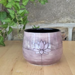 Lotus Flower Stoneware Mug in Mauve Grunge Glaze - Handmade Muddy Raven Functional Art Pottery