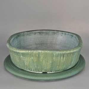 Bonsai or Succulent Handmade Stoneware Squared 6" Plant Pot with Optional Drip Plate in Distressed Moss Green Matte Glaze