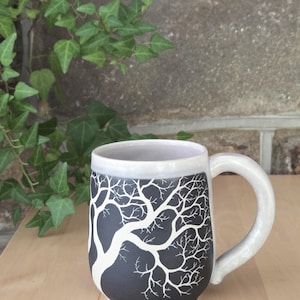 Wheel Thrown Pottery Mug – Sgraffito Tree, Matte Black Speckled Cream Glaze