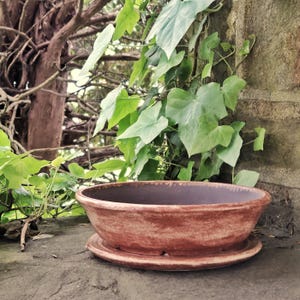 Maceta redonda de gres hecha a mano de 18 cm (7 pulgadas) para bonsáis o suculentas, con plato antigoteo, en esmalte satinado mate color rojo Sedona.