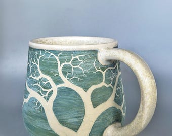 Sgraffito Tree and Birds in Matte Blue Green and Speckled Cream Glaze - Large Wheel Thrown Stoneware Mug - Handmade Muddy Raven Pottery