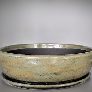 Vaso redondo de cerâmica artesanal para bonsai ou suculentas, com prato coletor de gotejamento opcional na cor verde-oliva terrosa.