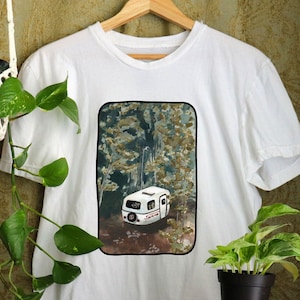 Scamp T-Shirt • Artsy Tee Original Painting Graphic Eclectic Sustainable Camping Decor Illustration Vintage Camper Trailer Home