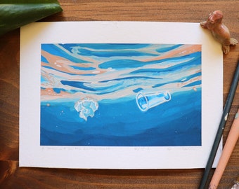 Una dichiarazione sull'ambiente - Giclee Print Gouache Painting - Boho Home Decor Sustainability Art Wall Art Nature Seascape Jellyfish
