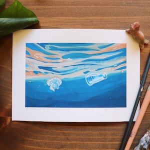 A Statement on the Environment • Giclee Print Gouache Painting • Boho Home Decor Sustainability Artwork Wall Art Nature Seascape Jellyfish