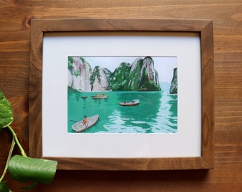 Ha Long Bay Art Print • PRINT • Watercolor Art Gouache Painting Boho Landscape Nature Lake Vietnam Asian Decor Halong Bay Vietnamese