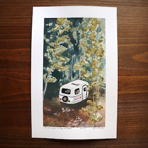 Scamp Art Painting • &quot;A Life I Live&quot;  • Gouache Watercolor Camping Decor Illustration Vintage Camper Trailer Home Forest Art • Giclee Print