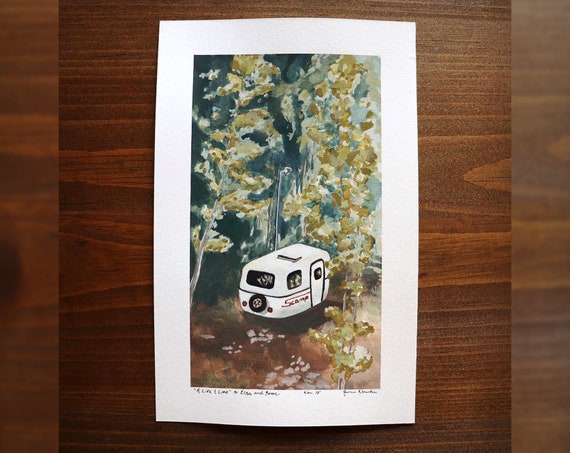 Scamp Art Painting \u2022 A Life I Live \u2022 Gouache Watercolor Camping Decor Illustration Vintage Camper Trailer Home Forest Art \u2022 Giclee Print