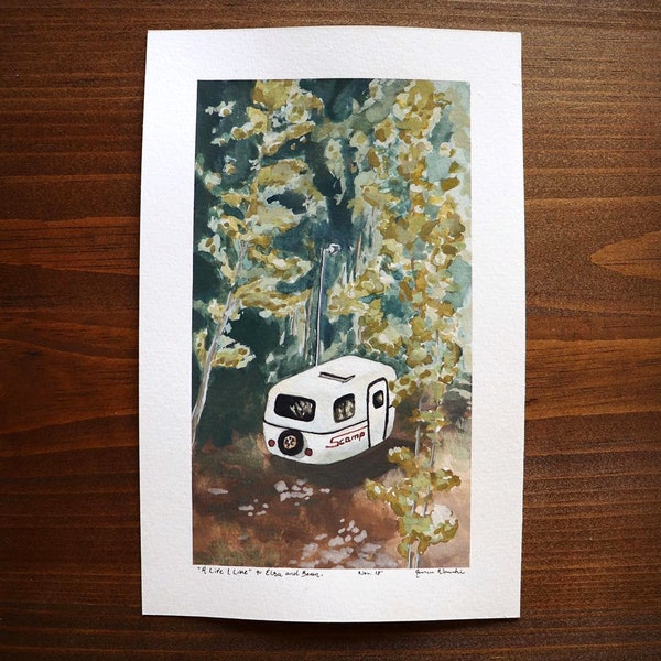 Scamp Art Painting • "A Life I Live"  • Gouache Watercolor Camping Decor Illustration Vintage Camper Trailer Home Forest Art • Giclee Print