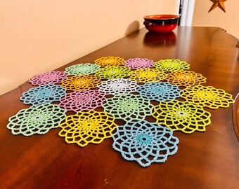 Handmade ROUND COLORFUL Crochet Beaded Doily 21"