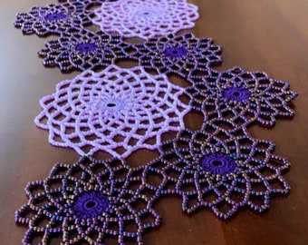 Handmade Crochet Beaded LAVENDER & RAINBOW Purple Doily 20”/10”